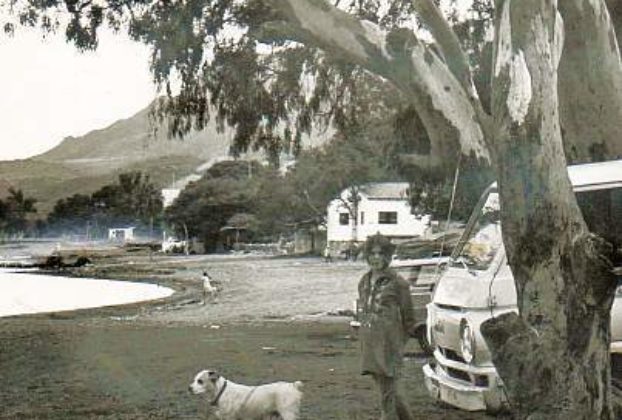 Tamara Johnson, pictured here looking out over the lake from in front of the Old Posada, near Ajijc pier, with her faithful dog Gordo, is going to take us on a tour of Ajijic, in about 1970... ﻿Photo by Beverly Johnson. All rights reserved.