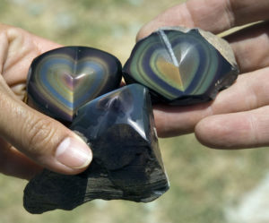 Rainbow-obsidian hearts are among the most popular items sold by local artisans. Although most obsidian is black, a variety of colors can be found in the vast deposits of Jalisco, Mexico. © John Pint, 2009