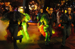 Allegorical characters mock death at the Skeletons' Parade in the city of Aguascalientes. The parade is a part of the Day of the Dead festivities, and the city is home to the Museo Nacional de la Muerte (National Museum of Death). Photo Courtesy Secretaría de Turismo de Aguascalientes