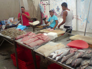 From left to right, fresh shrimp, fish fillets and whole fish tempt shoppers in a Guadalajara tianguis, a traveling open-air market. This kind of Mexican market dates back to pre-Hispanic times. © Daniel Wheeler, 2009