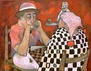 Oil #1747 Canvas 28 x35 inches Unframed "Chessplayers at the Cafe" © Georg Rauch