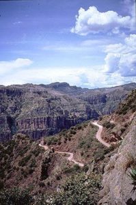 The 100-mile road which winds from Creel, elevation 7,500 feet, to Batopilas, 1,650 feet, is narrow and — at points — treacherous, especially in the last 30 or so miles. This part of Mexico's Copper Canyon is remote and rugged. © Geri Anderson 2001.