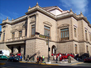 At the end of the 19th century, construction of the Ricardo Castro Theater was begun. Richly carved quarry stone embellishes the facade.This is one of the architectural gems in the city of Durango, Mexico. © Jeffrey R. Bacon, 2009