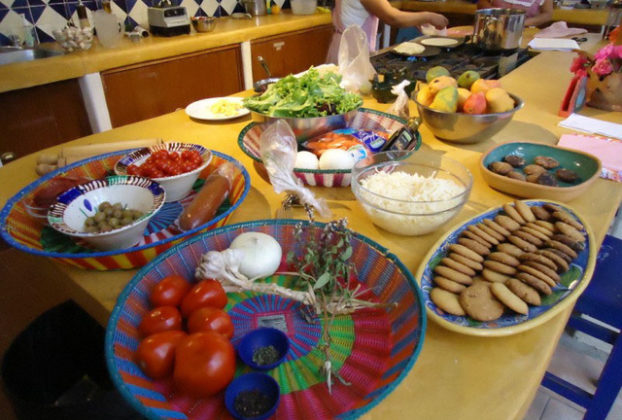 Chef Pilar Cabrera's Casa de los Sabores Oaxaca cooking school is organized, with ingredients for each recipe contained in a separate large, colorful basket. © Alvin Starkman, 2011