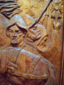 Details from a wood relief mural in the Ricardo Castro Theater. Located in the city of Durango, Mexico, the theater's entire mural decorates the lobby and depicts the history of Durango. © Jeffrey R. Bacon, 2009