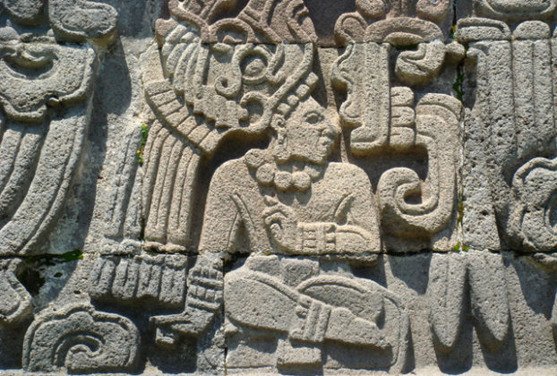 This intricate design is seen on the Pyramid of the Feathered Serpent. Its Maya influence is marked. © Anthony Wright, 2009