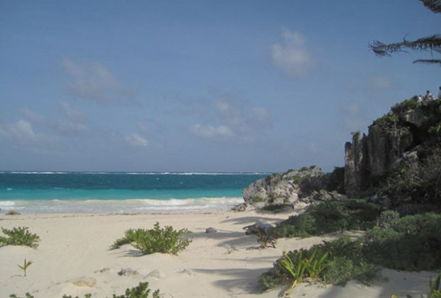 Beautiful white sand and turquoise waters can be appreciated 5 minutes away from the Tulum ruins on this virgin Caribbean beach.