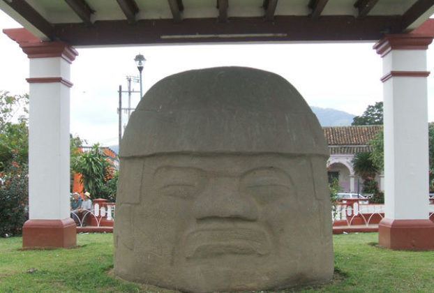 The ten foot tall Olmec head in the square of Santiago Tuxtla