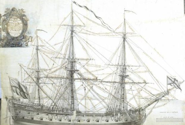 52-cannon frigate built and fitted out in the English style. Diccionario demostrativo... by the Marquis of La Victoria. Cádiz, 1719-1756. MN