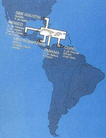 The development and expansion of colonizing activity as it spread out from the founding settlement in Las Antillas, as reflected in the "Urbanismo español en America" exhibition, 1976. ICI. (Artigas, Pina, Patón) 