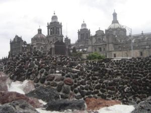The Templo Mayor, center of the Aztec Empire, with Mexico City's Catedral Metropolitana in the background © Raphael Wall, 2014