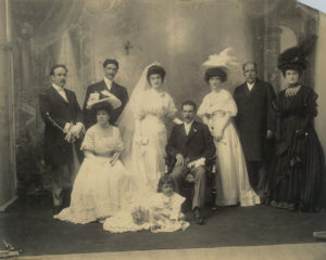 The 1908 Chihuahua wedding photo of the Mexican poet Manuel Rocha y Chabre, who is seated in the center. Standing on the left is his wife Adriana Esperon, and seated on the left is Josefina Sini Chabre, grandmother of the author. © Joseph A. Serbaroli, Jr., 2010