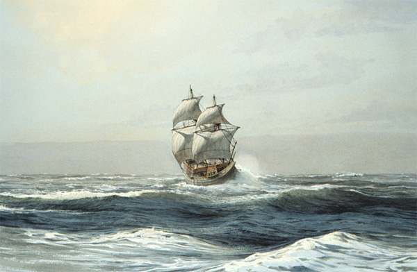 A sixteenth century Manila galleon at full sail in the North Pacific, illustration by Gordon Miller.