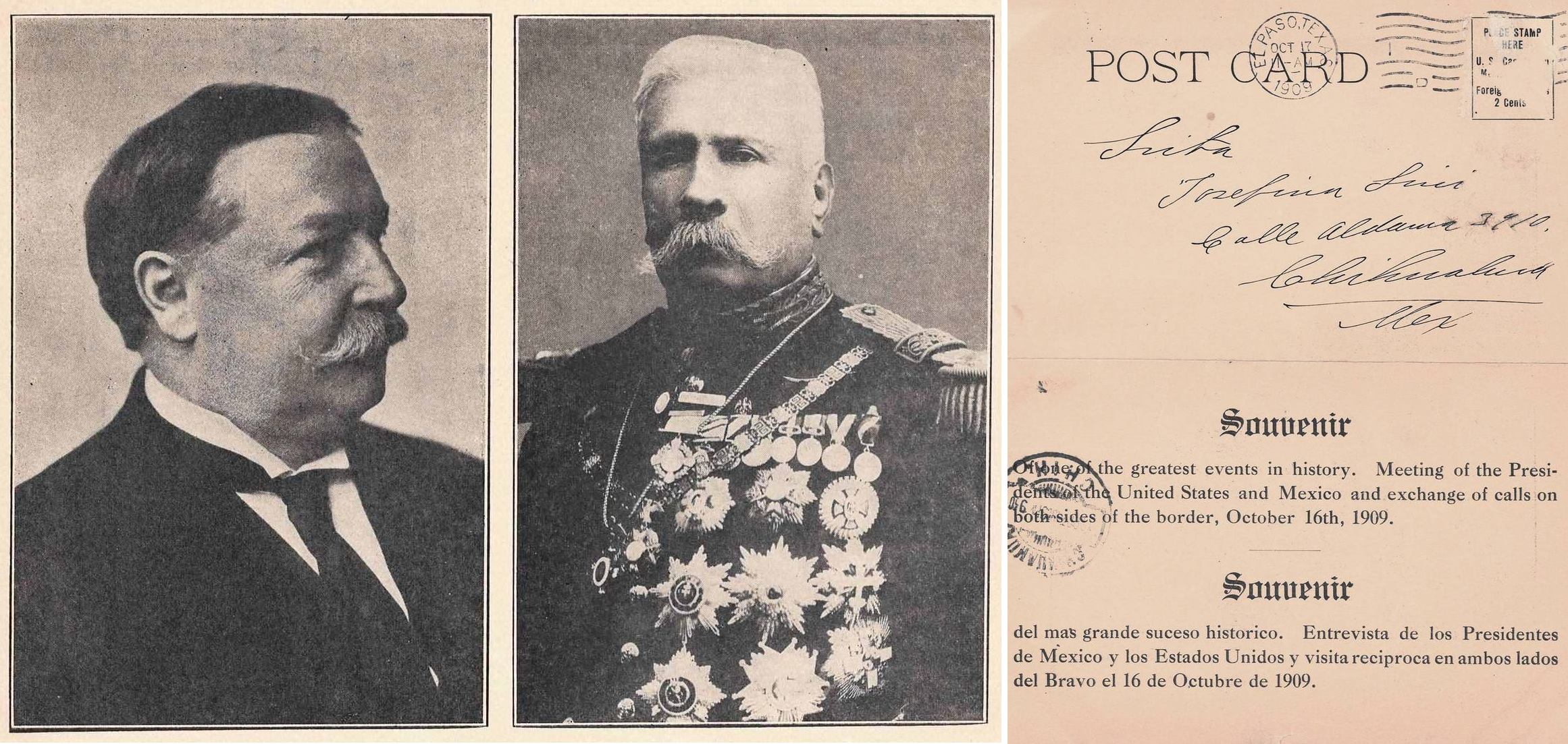 Souvenir card from the summit meeting of U.S. President Taft (left) and Mexican President Porfirio Díaz, mailed the next day by the artist to Señorita Josefina Sini,a young woman he had just met.