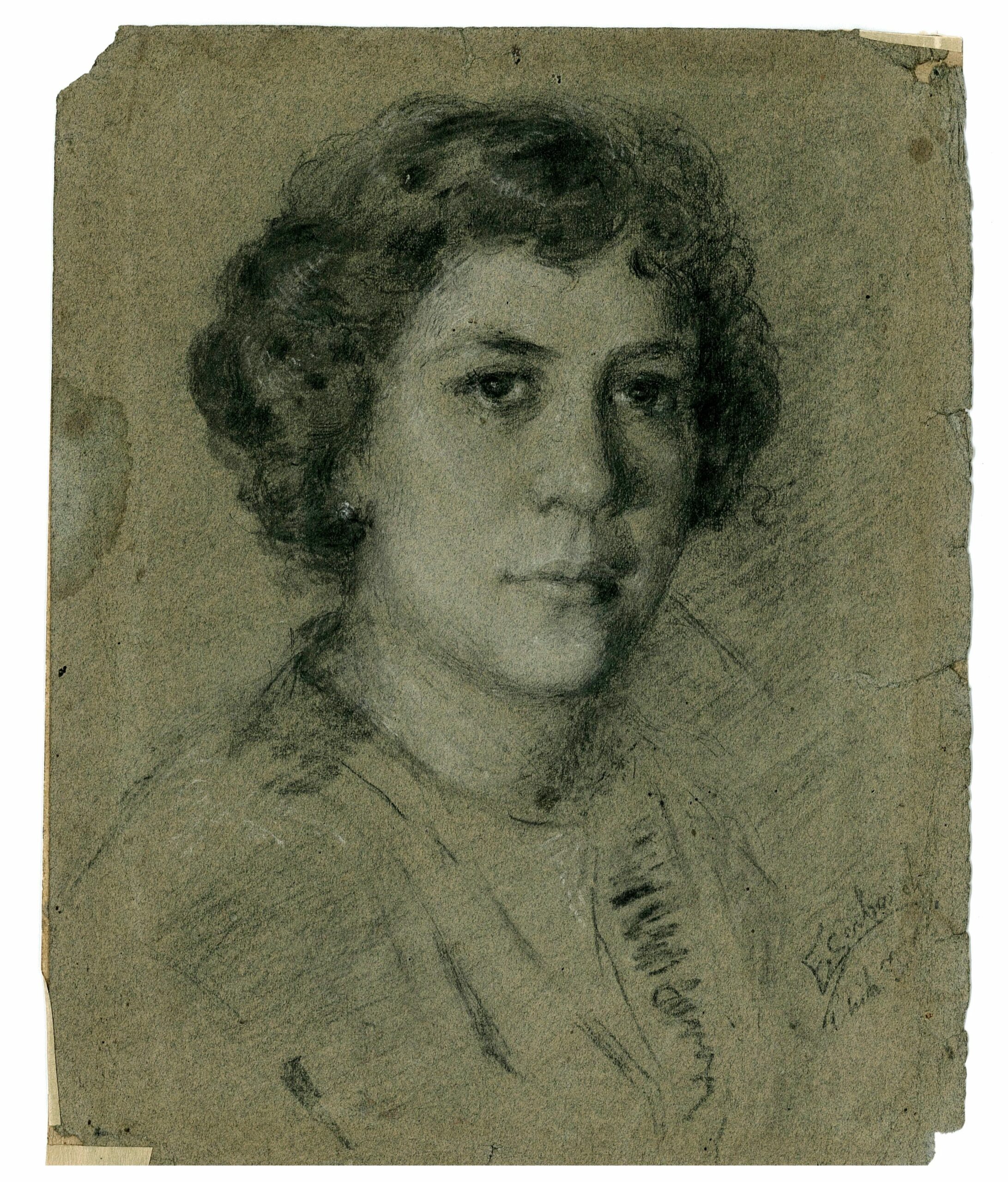 The portrait, drafted in pencil on the inside cover of a sketch pad, that Serbaroli presented to his sweetheart Señorita Josefina Sini, in 1909.